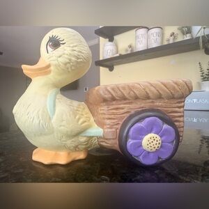 Vintage Ceramic Easter Spring Duck Duckling Cart Wagon Planter Vase Spring